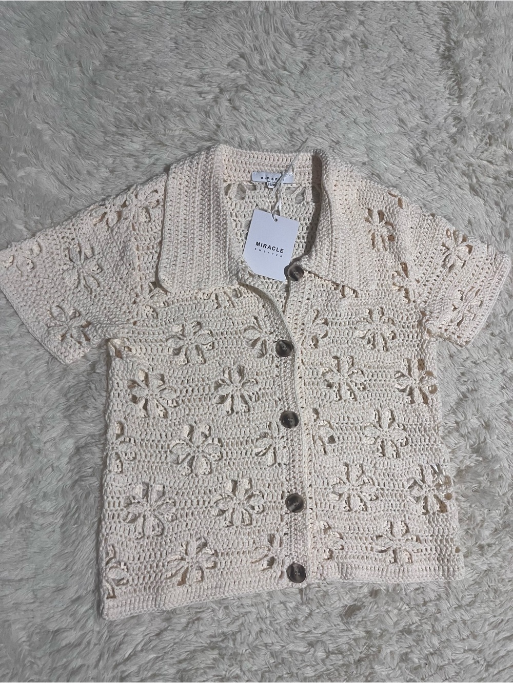 Miracle Cream Crochet Button-Front Top NWT